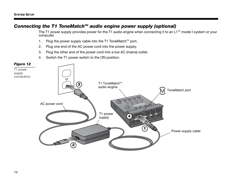 Connecting the t1 tonematch, Audio engine power supply (optional) | Bose T1 User Manual | Page 22 / 62