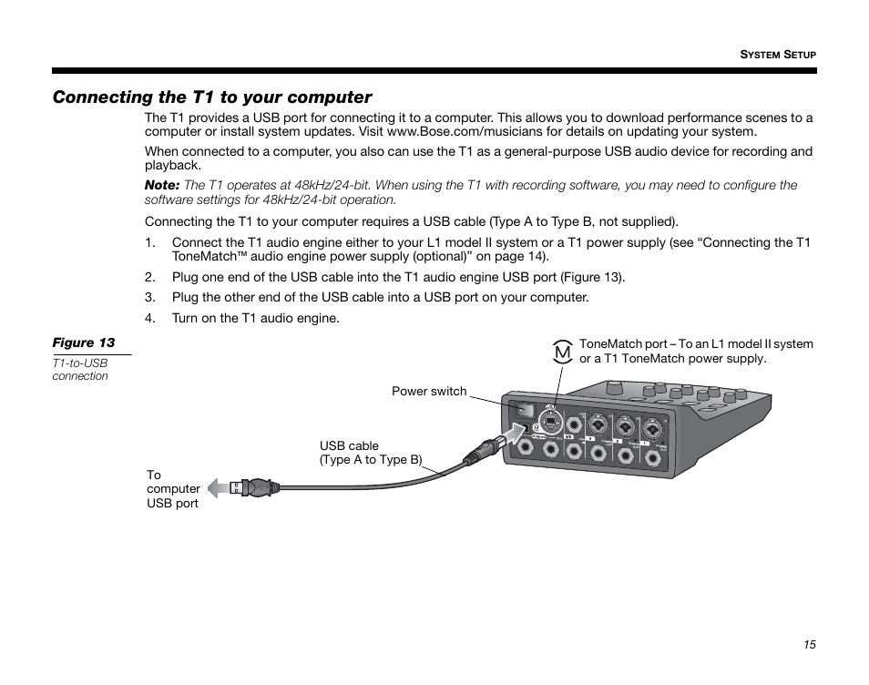 Connecting the t1 to your computer | Bose T1 User Manual | Page 23 / 62