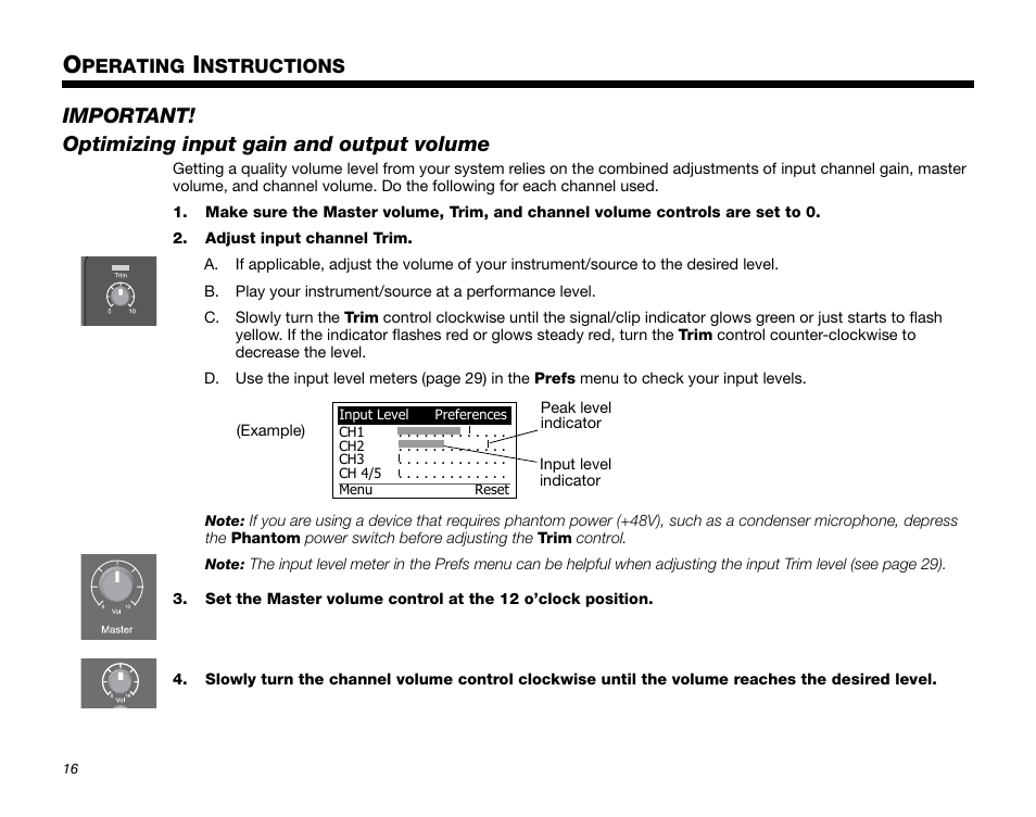 Operating instructions, Optimizing input gain and output volume, Perating | Nstructions, Important! optimizing input gain and output volume | Bose T1 User Manual | Page 24 / 62