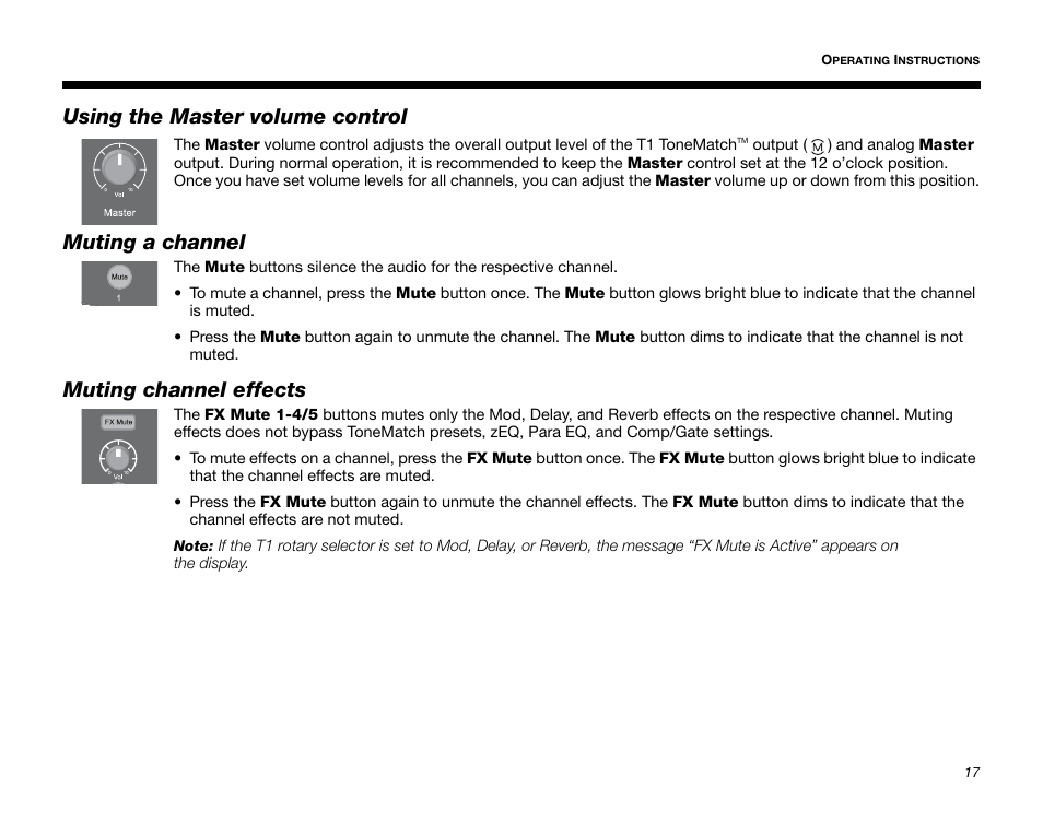 Using the master volume control, Muting a channel, Muting channel effects | Bose T1 User Manual | Page 25 / 62