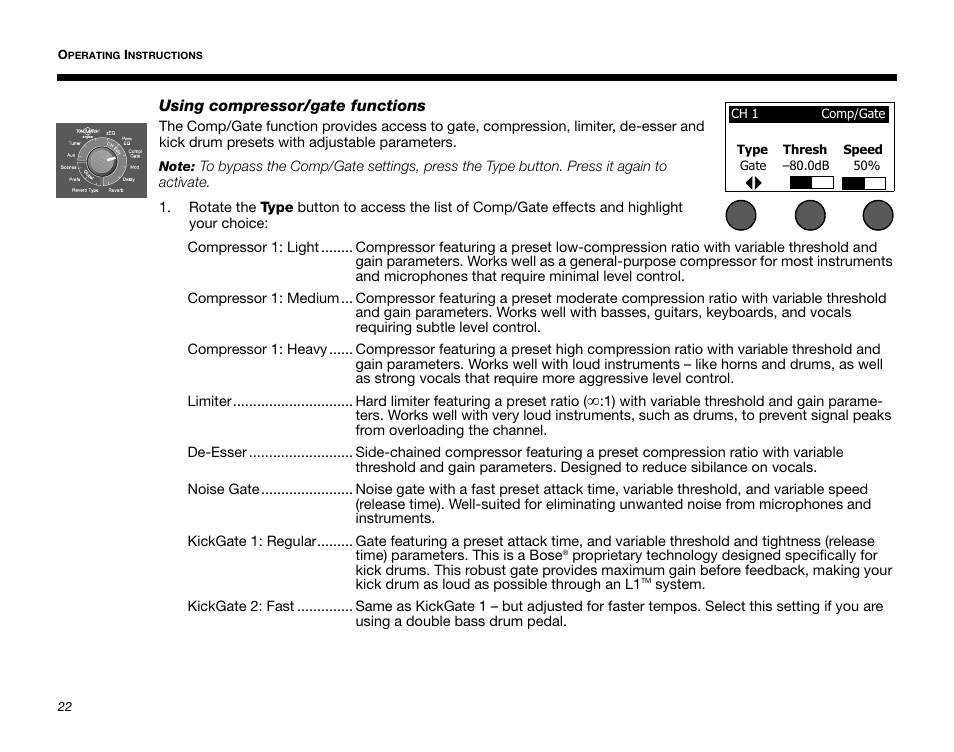 Using compressor/gate functions | Bose T1 User Manual | Page 30 / 62