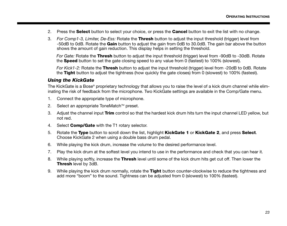 Using the kickgate | Bose T1 User Manual | Page 31 / 62