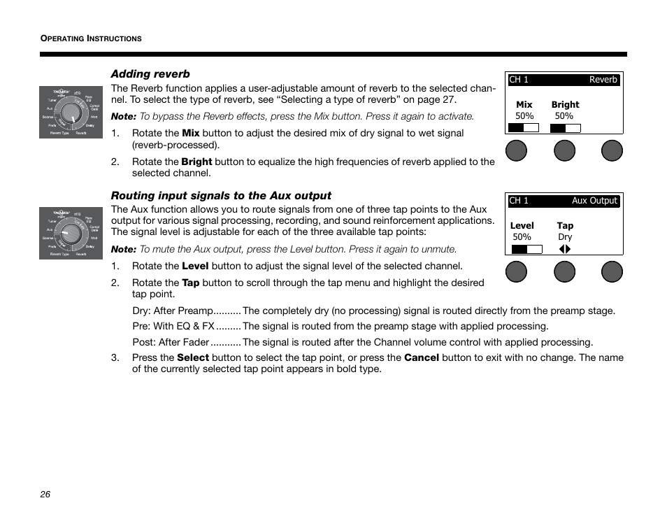 Adding reverb, Routing input signals to the aux output | Bose T1 User Manual | Page 34 / 62