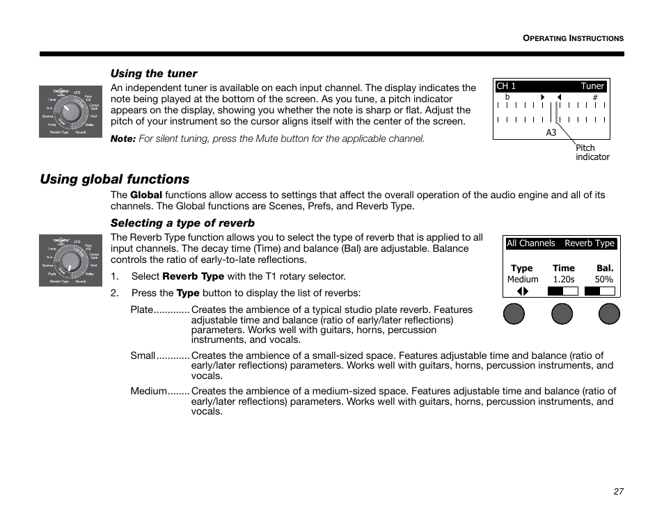Using the tuner, Using global functions, Selecting a type of reverb | Bose T1 User Manual | Page 35 / 62