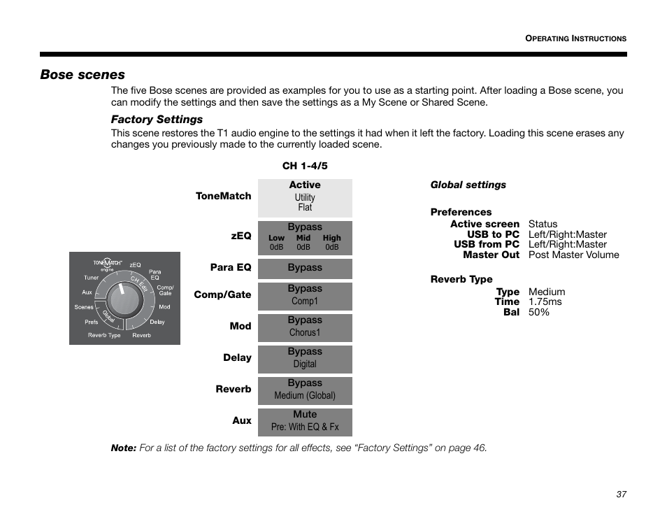 Bose scenes, Factory settings | Bose T1 User Manual | Page 45 / 62