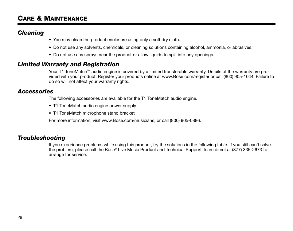 Care & maintenance, Cleaning, Limited warranty and registration | Accessories, Troubleshooting, Aintenance | Bose T1 User Manual | Page 56 / 62