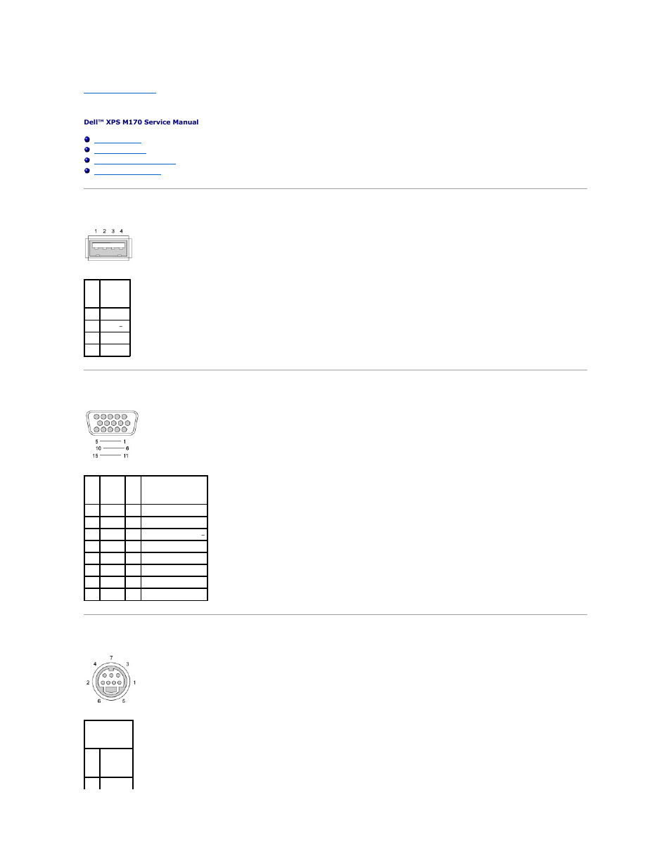 Pin assignments for i/o connectors, Usb connector, Video connector | S-video tv-out connector | Dell XPS M170 (MXG051, Late 2005) User Manual | Page 43 / 60