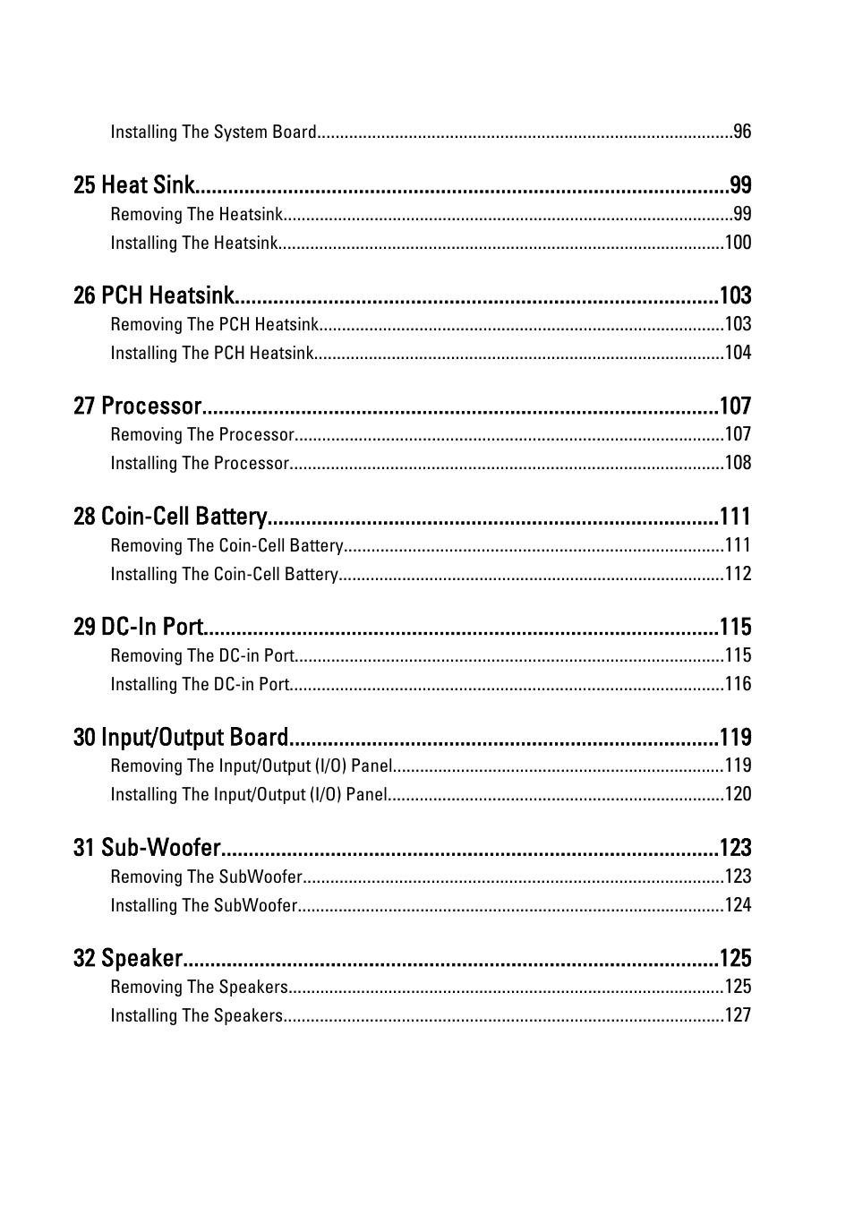 25 heat sink, 26 pch heatsink, 27 processor | 28 coin-cell battery, 29 dc-in port, 30 input/output board, 31 sub-woofer, 32 speaker | Dell Vostro 3750 (Early 2011) User Manual | Page 6 / 147