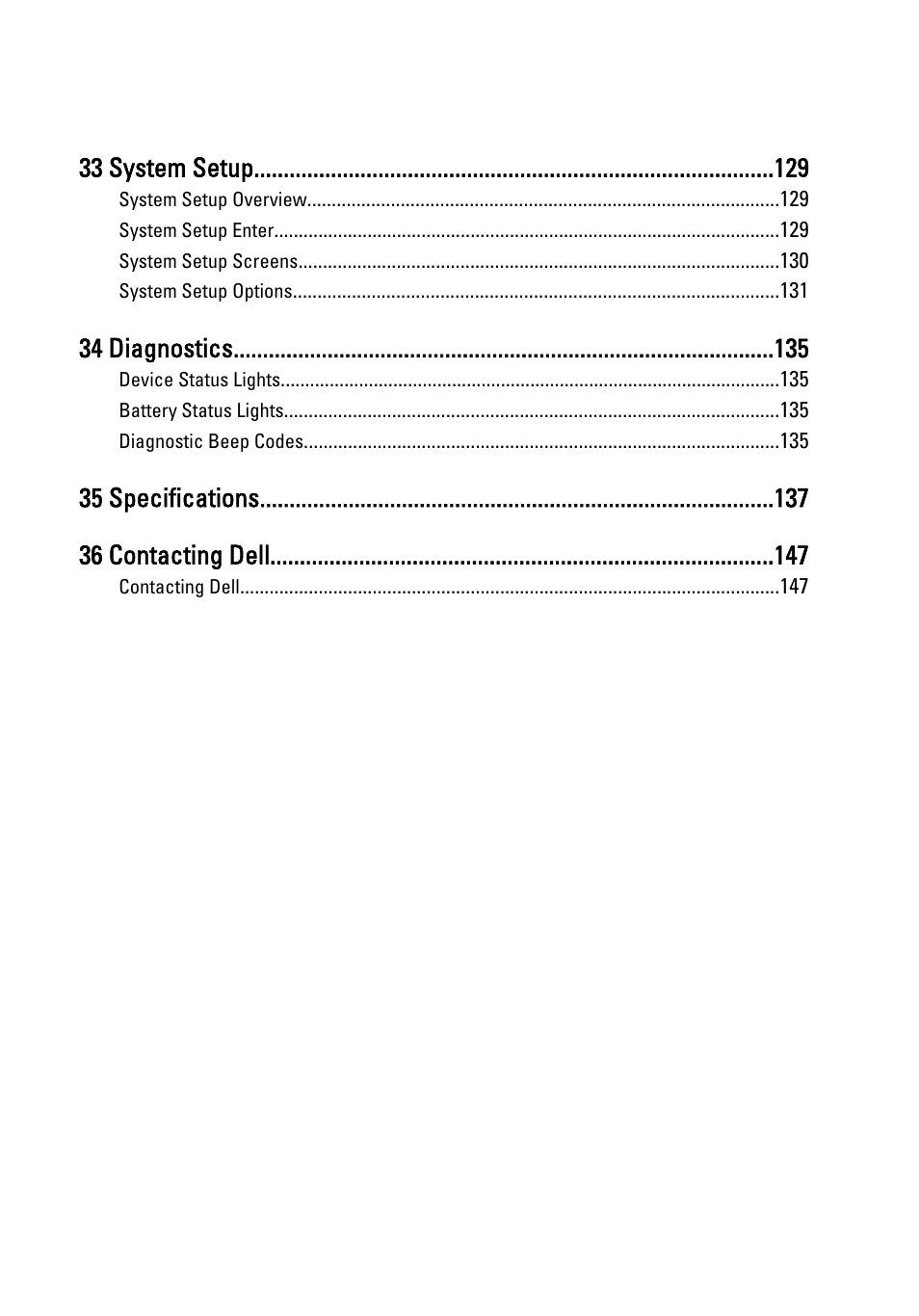 33 system setup, 34 diagnostics, 35 specifications 36 contacting dell | Dell Vostro 3750 (Early 2011) User Manual | Page 7 / 147
