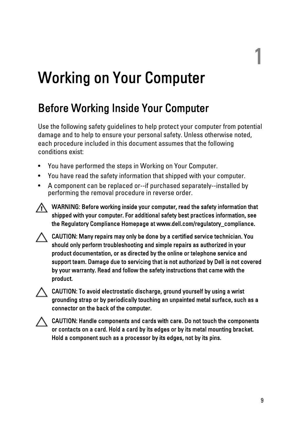 Working on your computer, Before working inside your computer, 1 working on your computer | Dell Vostro 3750 (Early 2011) User Manual | Page 9 / 147