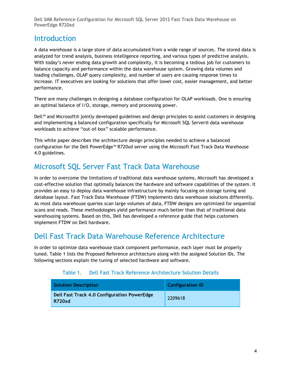 Introduction, Microsoft sql server fast track data warehouse, Table 1 | Dell POWEREDGE R720XD User Manual | Page 4 / 16
