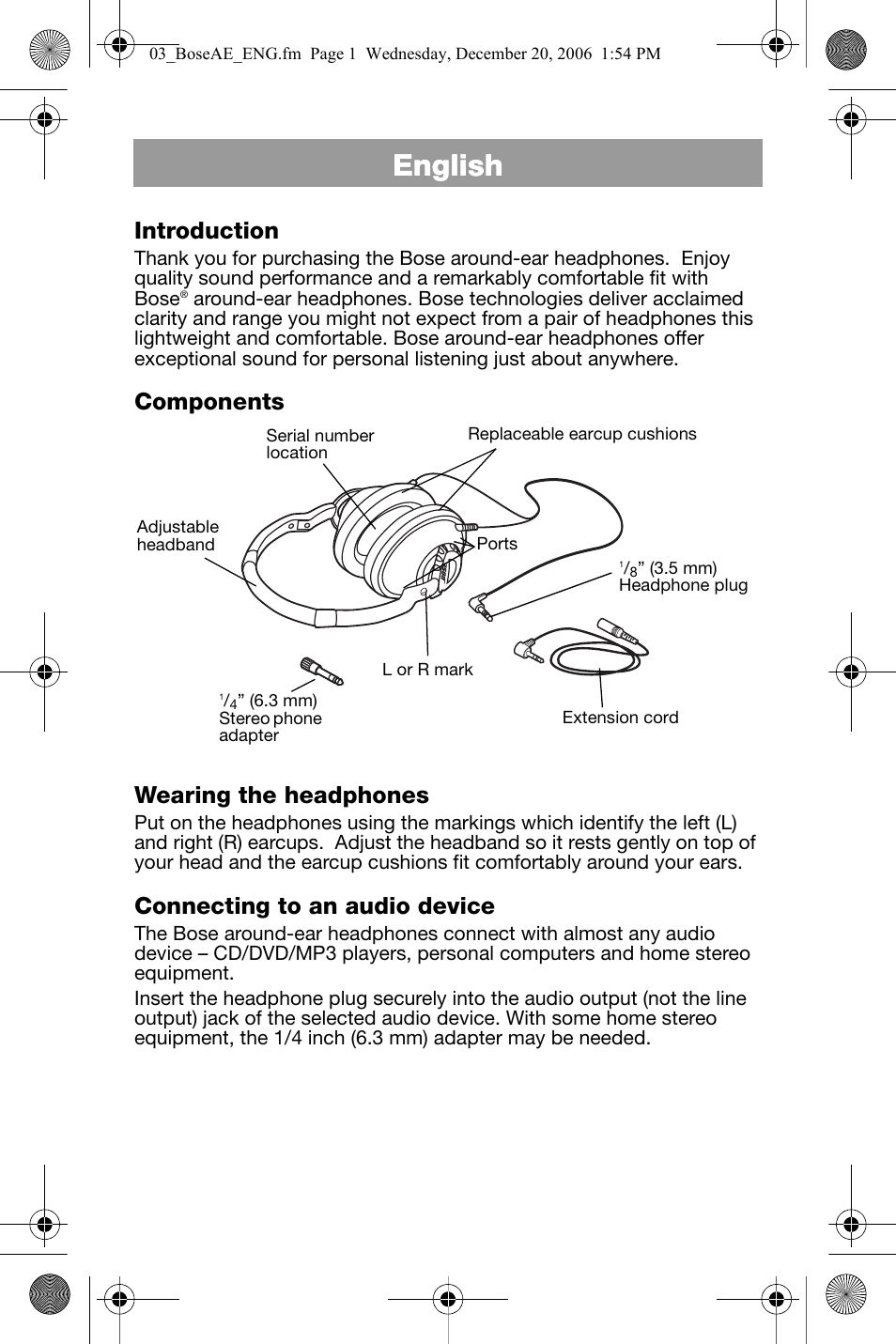 Introduction, Components, Wearing the headphones | Connecting to an audio device, English | Bose AM299357 User Manual | Page 2 / 6