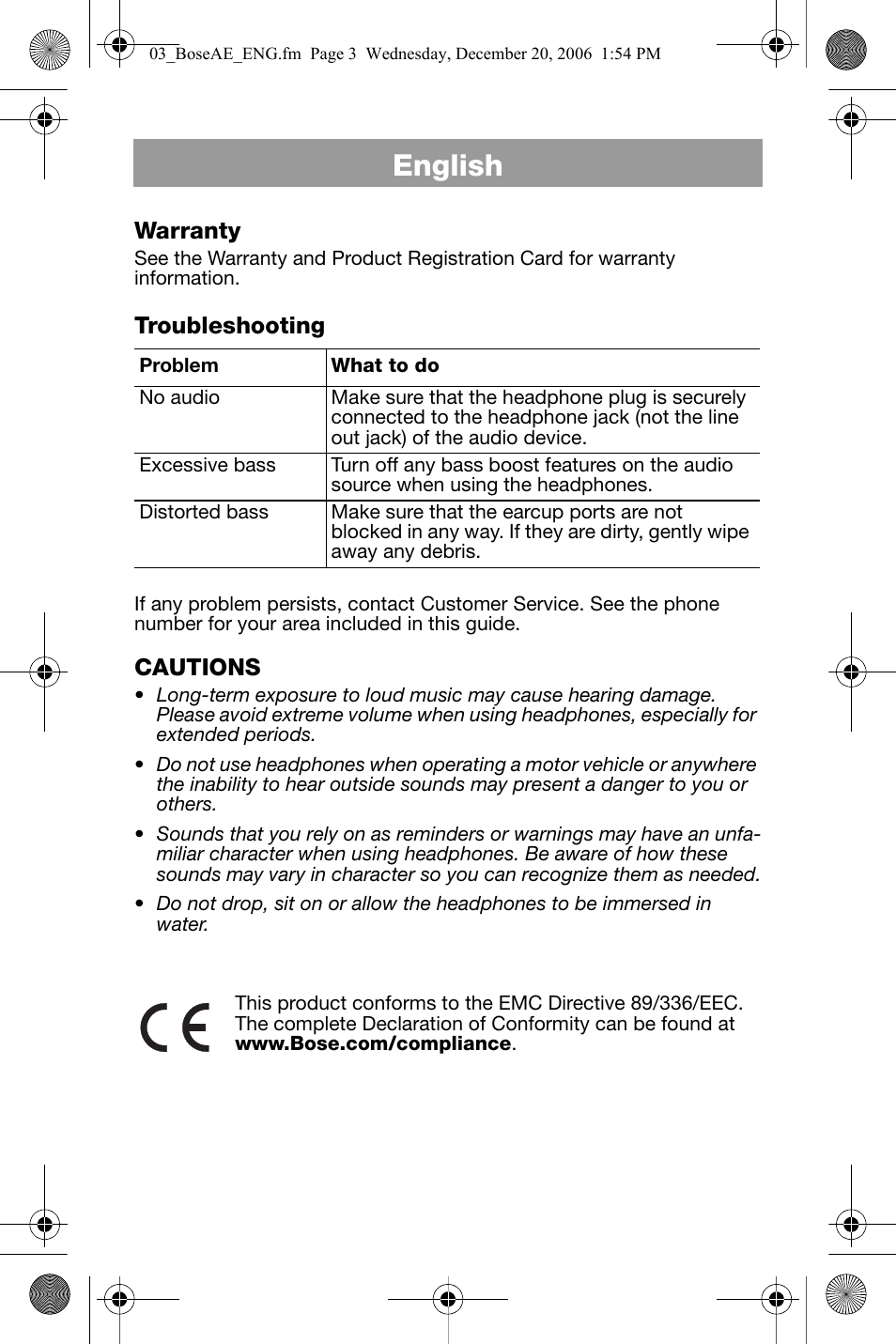 Warranty, Troubleshooting, Cautions | English | Bose AM299357 User Manual | Page 4 / 6