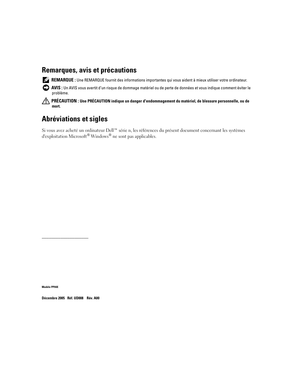 Remarques, avis et précautions, Abréviations et sigles | Dell Precision M65 User Manual | Page 24 / 92