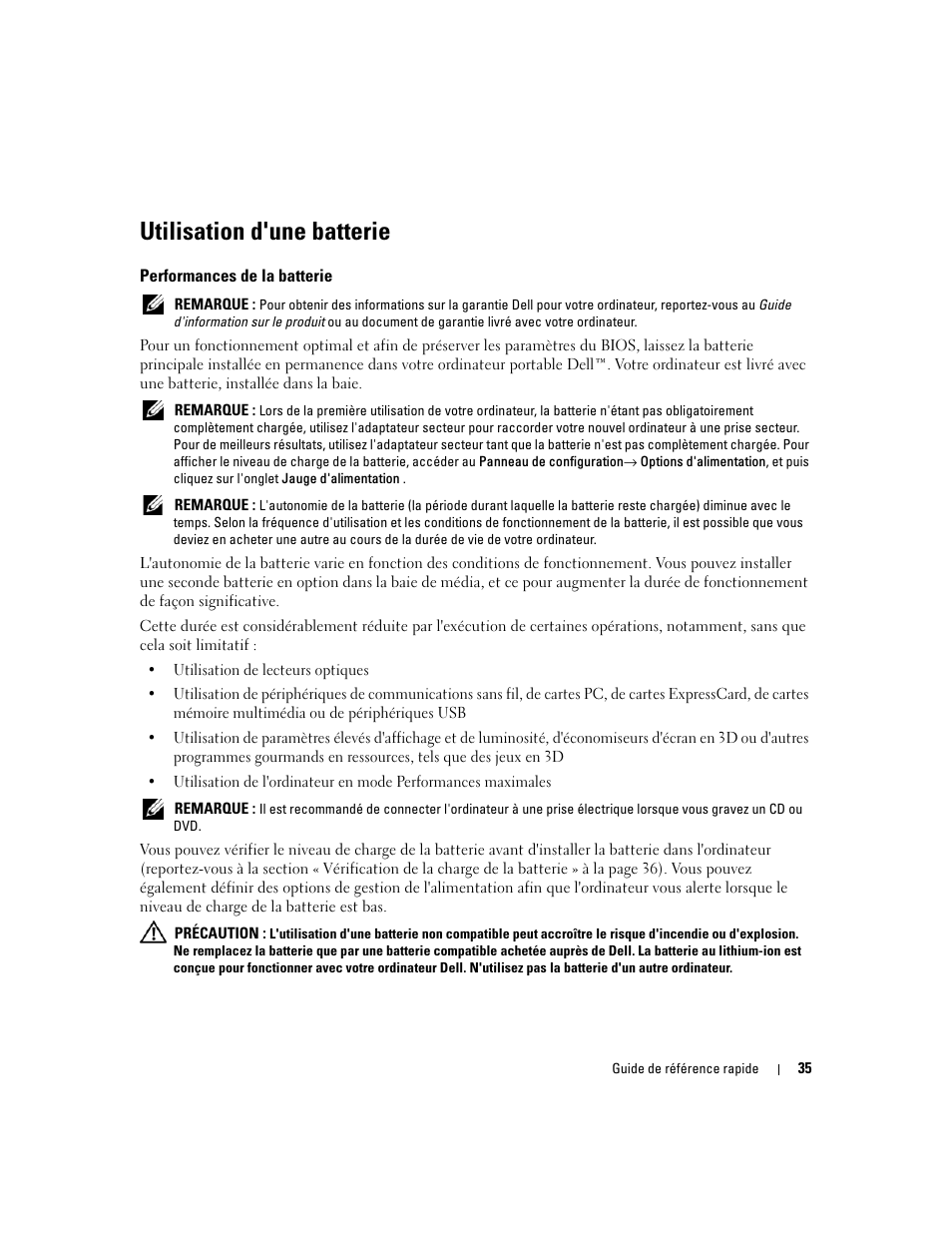 Utilisation d'une batterie, Performances de la batterie | Dell Precision M65 User Manual | Page 35 / 92