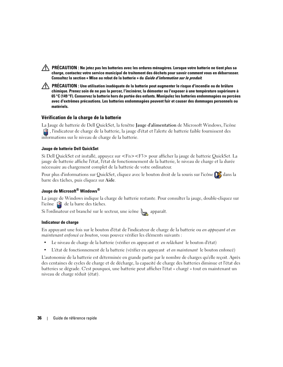 Vérification de la charge de la batterie | Dell Precision M65 User Manual | Page 36 / 92