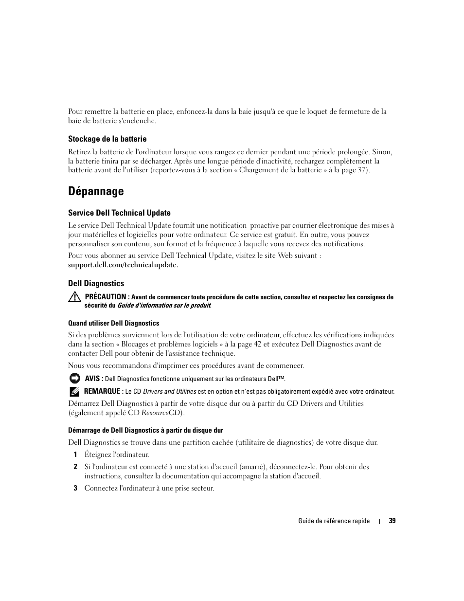 Stockage de la batterie, Dépannage, Service dell technical update | Dell diagnostics | Dell Precision M65 User Manual | Page 39 / 92