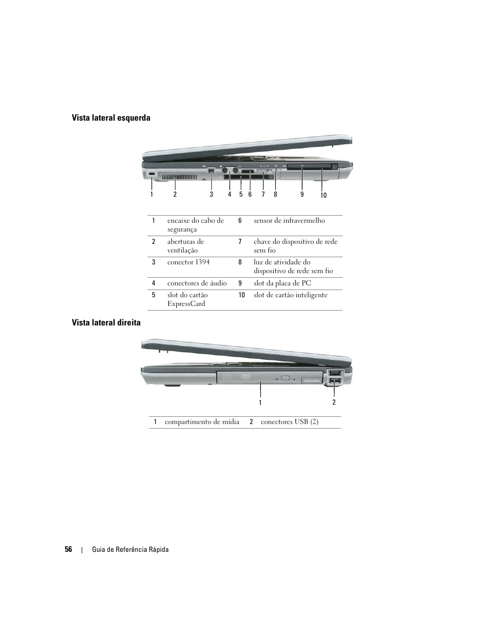 Vista lateral esquerda, Vista lateral direita | Dell Precision M65 User Manual | Page 56 / 92