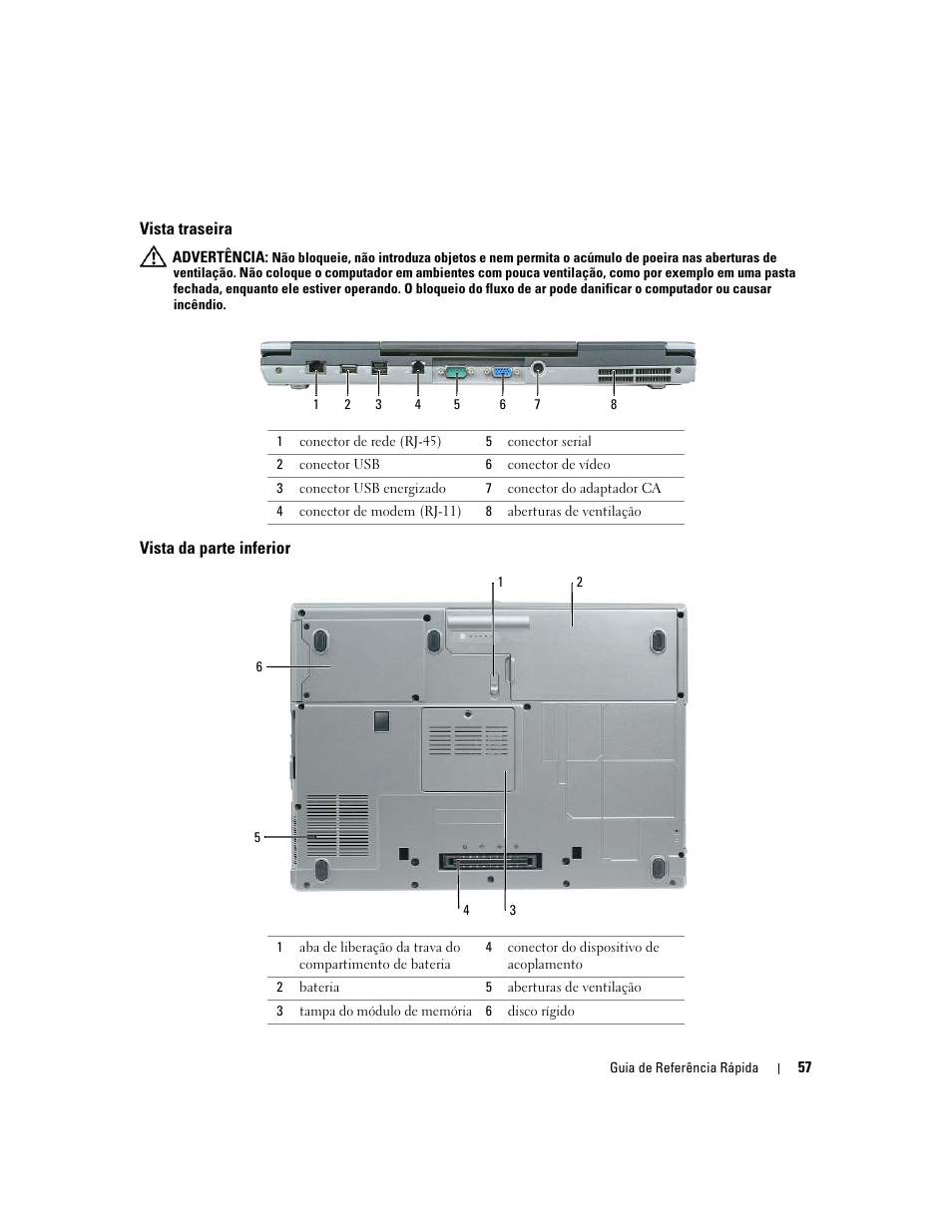 Vista traseira, Vista da parte inferior | Dell Precision M65 User Manual | Page 57 / 92