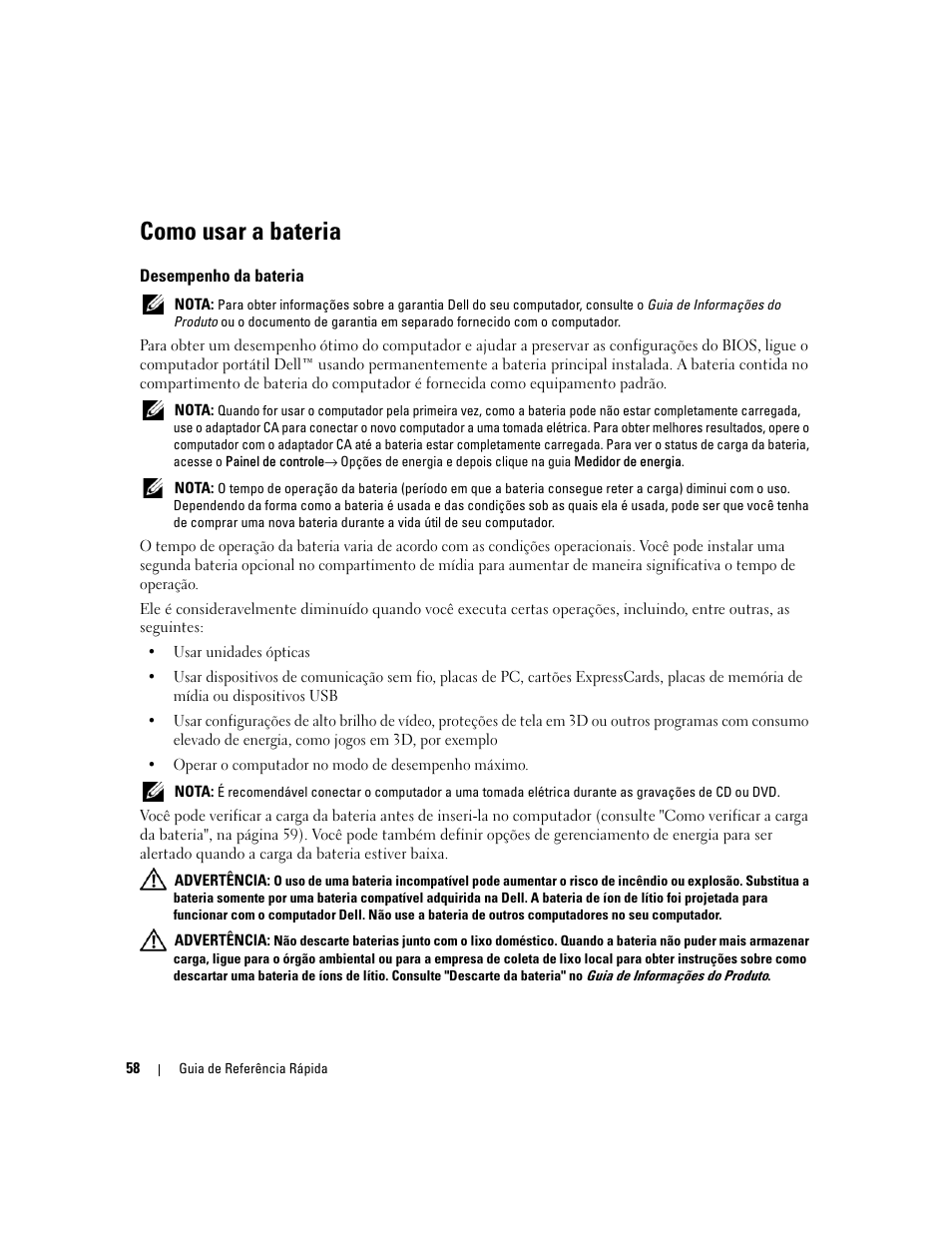 Como usar a bateria, Desempenho da bateria | Dell Precision M65 User Manual | Page 58 / 92