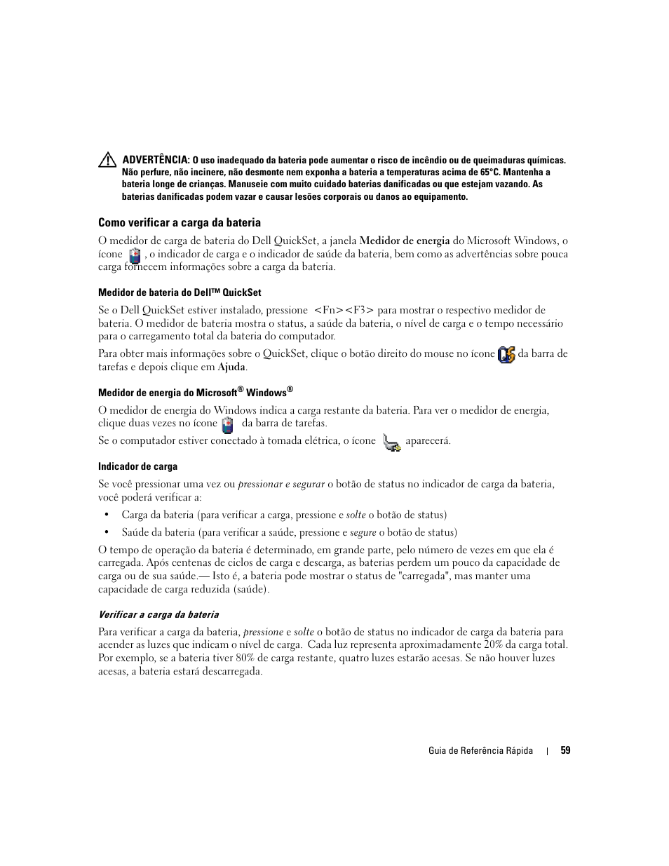 Como verificar a carga da bateria | Dell Precision M65 User Manual | Page 59 / 92