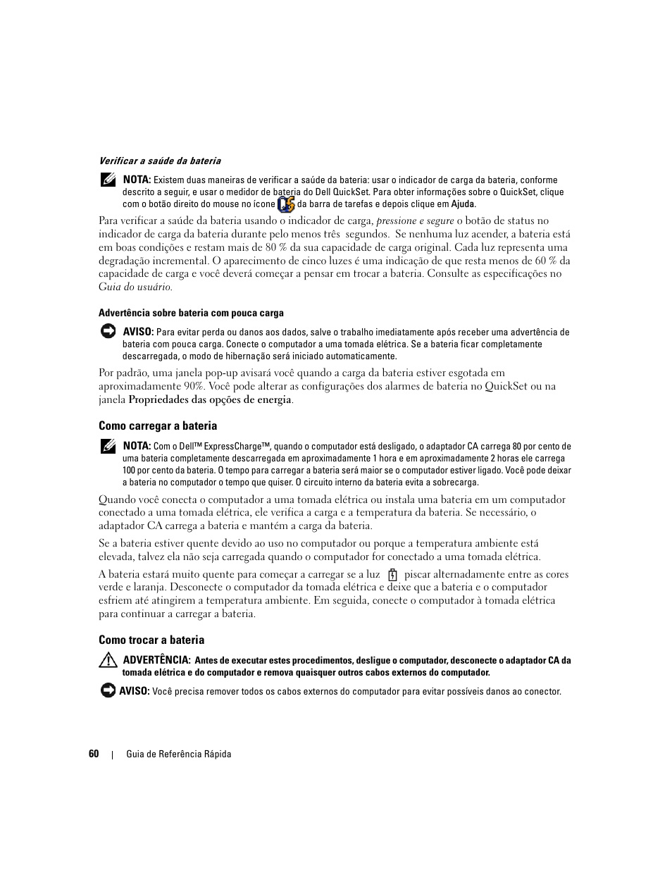 Como carregar a bateria, Como trocar a bateria | Dell Precision M65 User Manual | Page 60 / 92