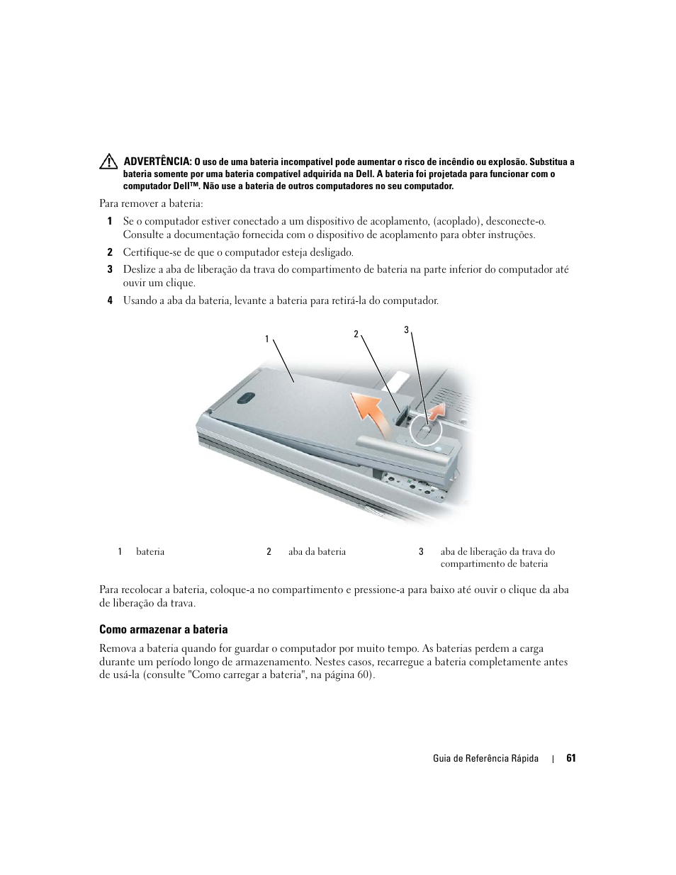 Como armazenar a bateria | Dell Precision M65 User Manual | Page 61 / 92