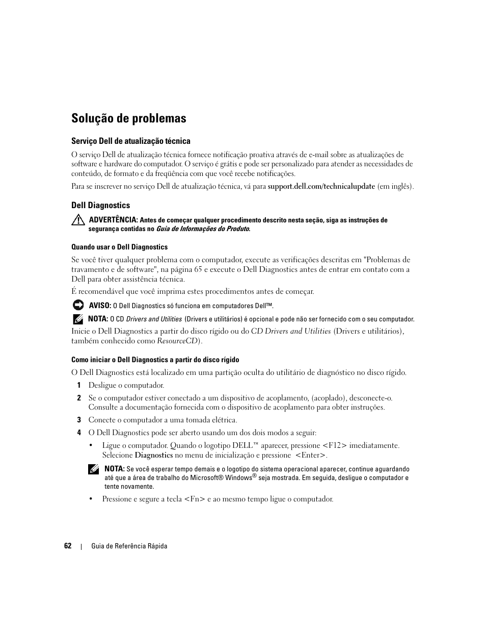 Solução de problemas, Serviço dell de atualização técnica, Dell diagnostics | Dell Precision M65 User Manual | Page 62 / 92