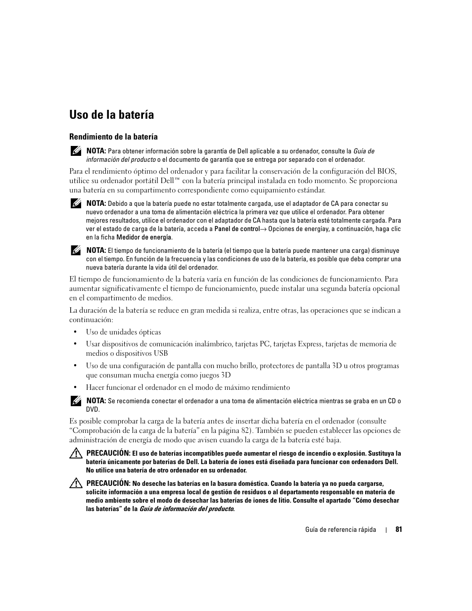 Uso de la batería, Rendimiento de la batería | Dell Precision M65 User Manual | Page 81 / 92