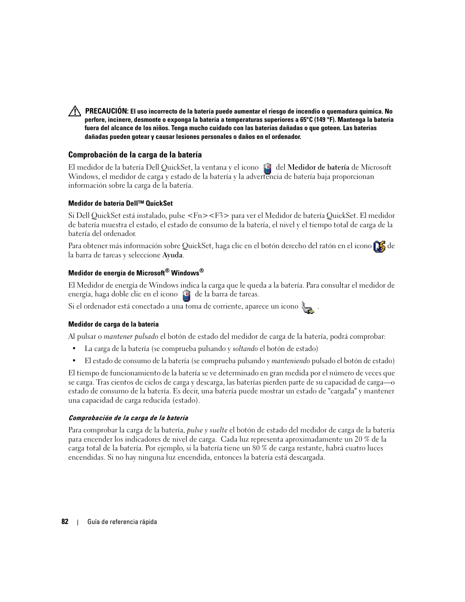 Comprobación de la carga de la batería | Dell Precision M65 User Manual | Page 82 / 92