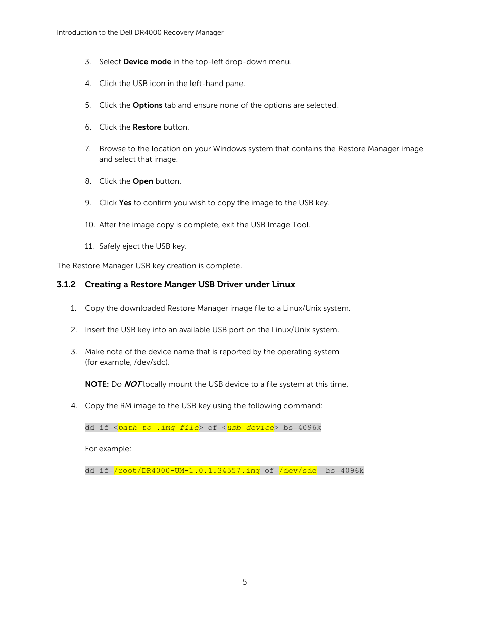 2 creating a restore manger usb driver under linux | Dell DR4000 User Manual | Page 5 / 6
