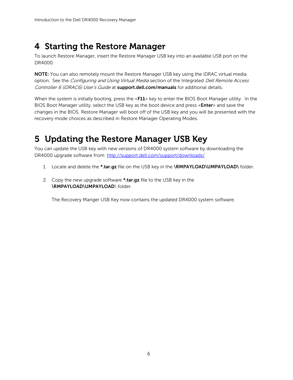 4 starting the restore manager, 5 updating the restore manager usb key | Dell DR4000 User Manual | Page 6 / 6