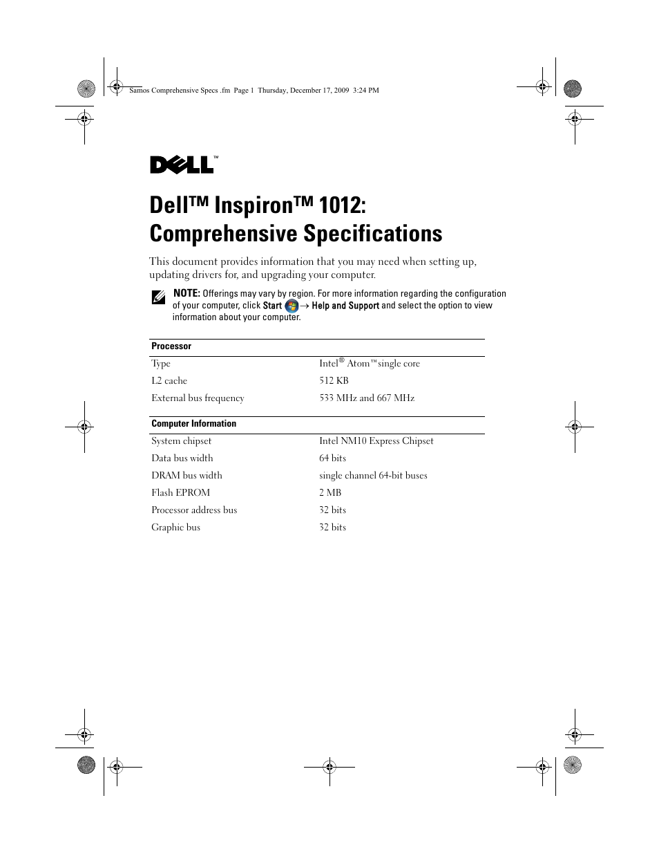 Dell Inspiron Mini 10 (1012, Late 2009) User Manual | 8 pages