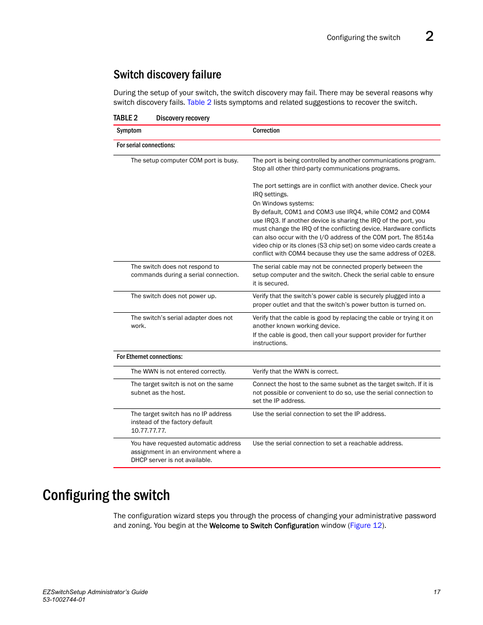 Switch discovery failure, Configuring the switch, Table 2 | Dell POWEREDGE M1000E User Manual | Page 27 / 64