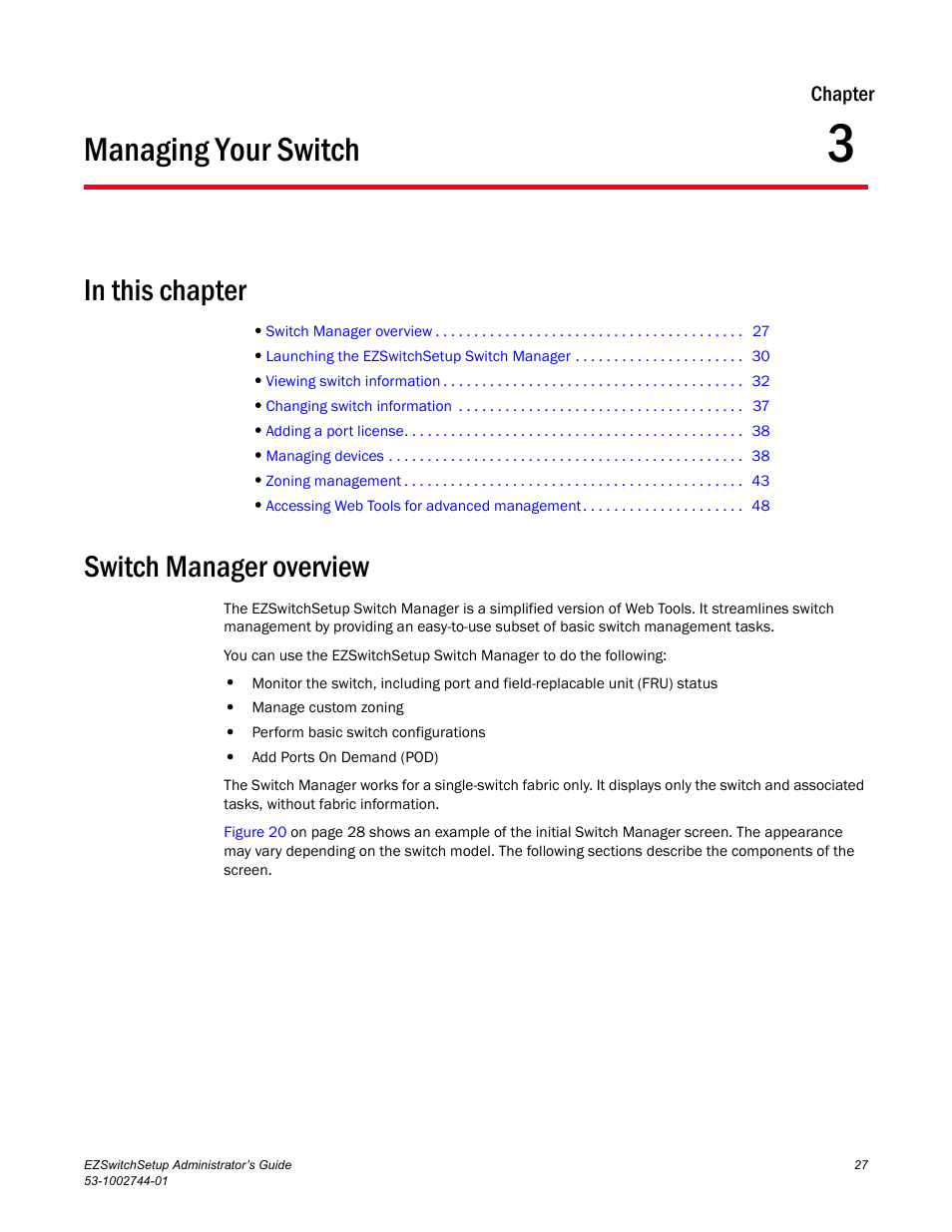 Managing your switch, In this chapter, Switch manager overview | Chapter 3, Chapter 3, “managing your switch | Dell POWEREDGE M1000E User Manual | Page 37 / 64