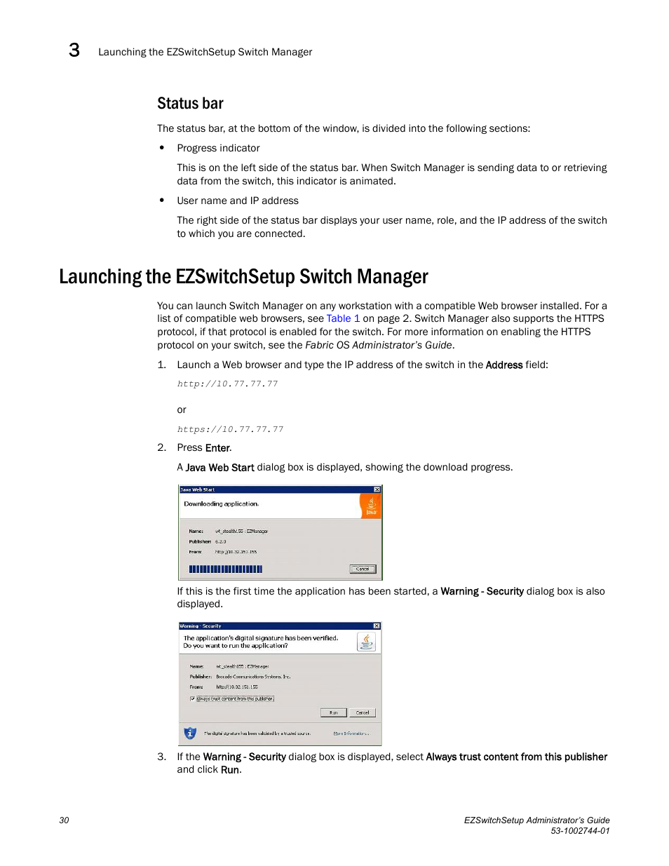 Status bar, Launching the ezswitchsetup switch manager | Dell POWEREDGE M1000E User Manual | Page 40 / 64