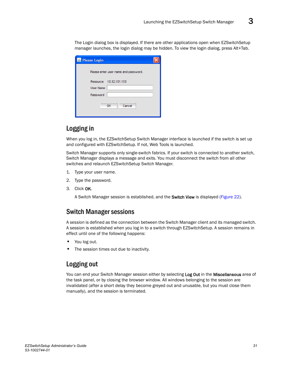 Logging in, Switch manager sessions, Logging out | Dell POWEREDGE M1000E User Manual | Page 41 / 64