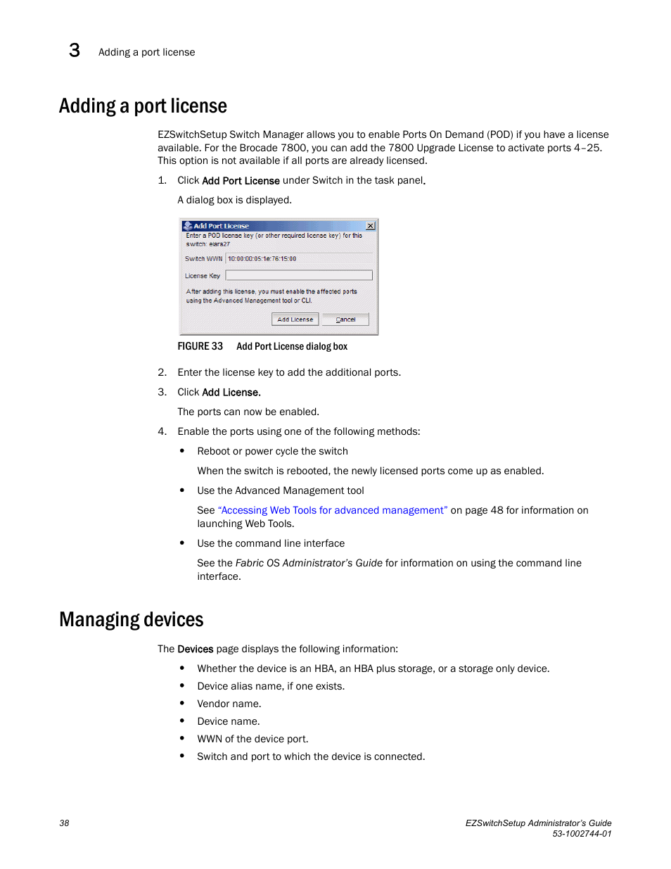 Adding a port license, Managing devices, Adding a port | License | Dell POWEREDGE M1000E User Manual | Page 48 / 64