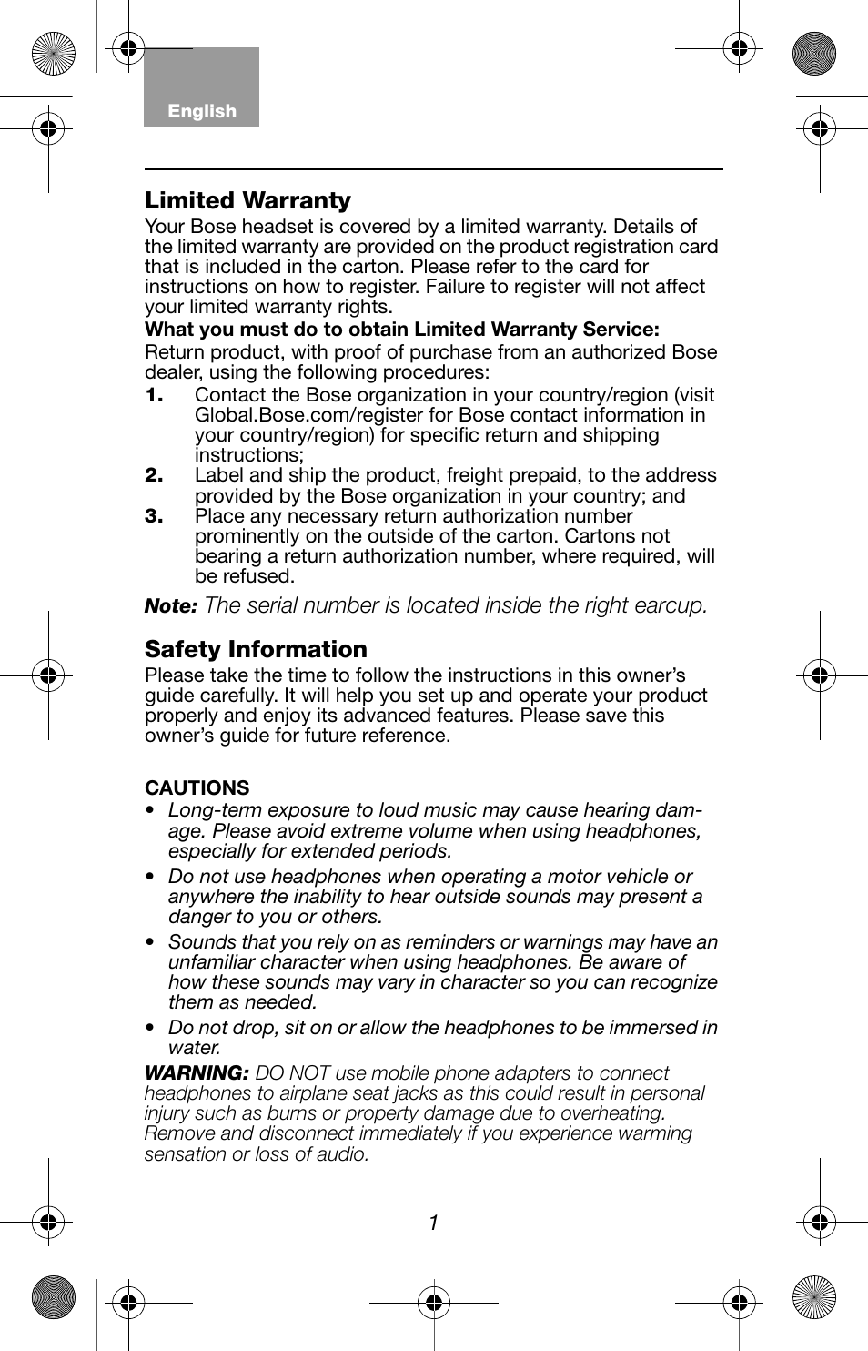 Limited warranty, Safety information | Bose AE2 User Manual | Page 2 / 6