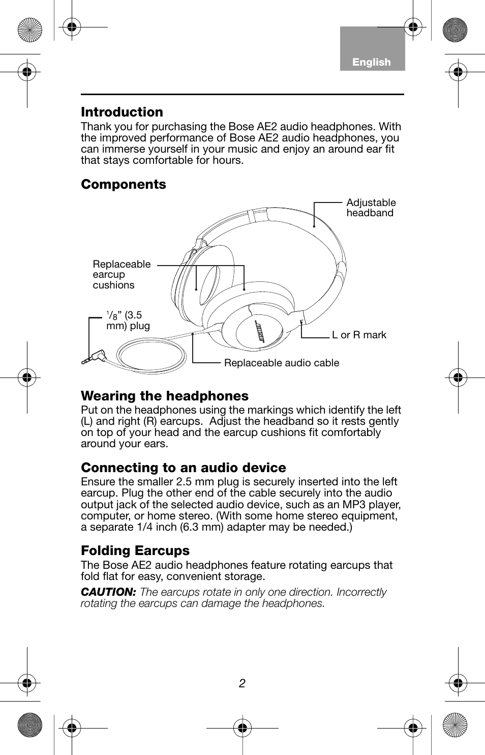 Introduction, Components, Wearing the headphones | Connecting to an audio device, Folding earcups | Bose AE2 User Manual | Page 3 / 6