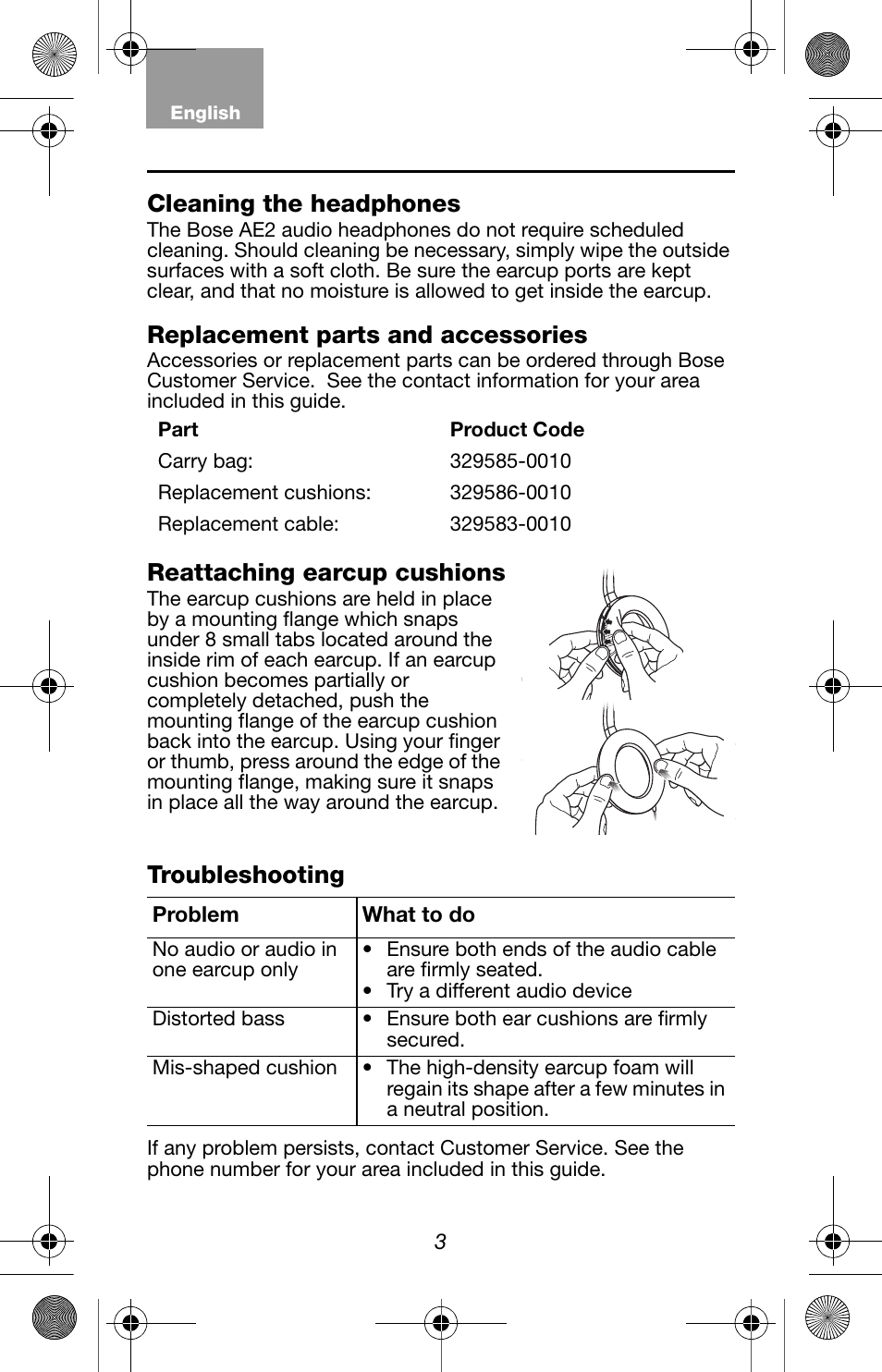 Cleaning the headphones, Replacement parts and accessories, Reattaching earcup cushions | Troubleshooting | Bose AE2 User Manual | Page 4 / 6