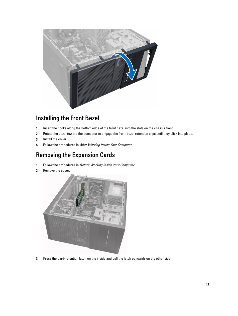 Installing the front bezel, Removing the expansion cards | Dell OptiPlex 9010 (Mid 2012) User Manual | Page 13 / 62