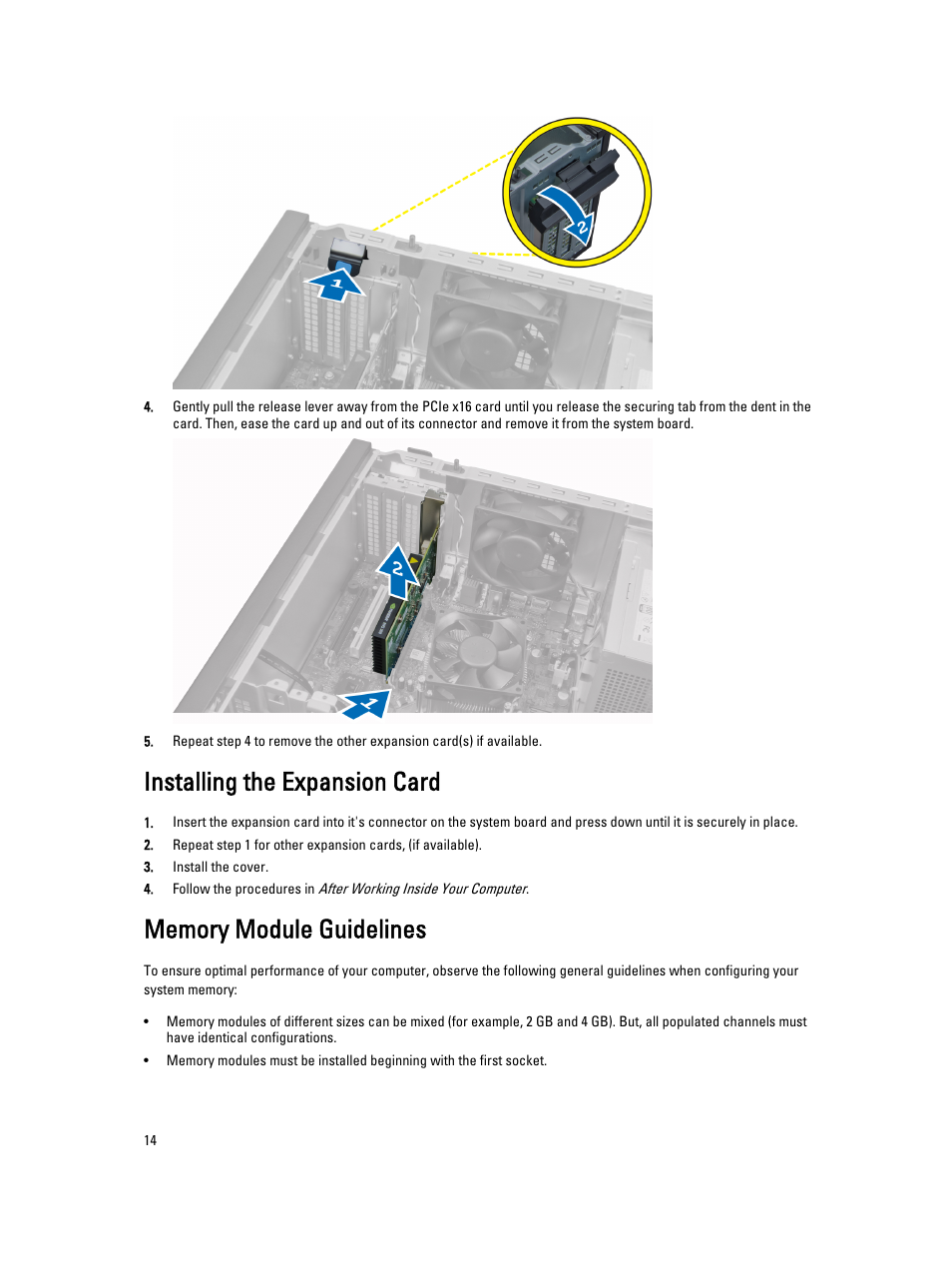 Installing the expansion card, Memory module guidelines | Dell OptiPlex 9010 (Mid 2012) User Manual | Page 14 / 62