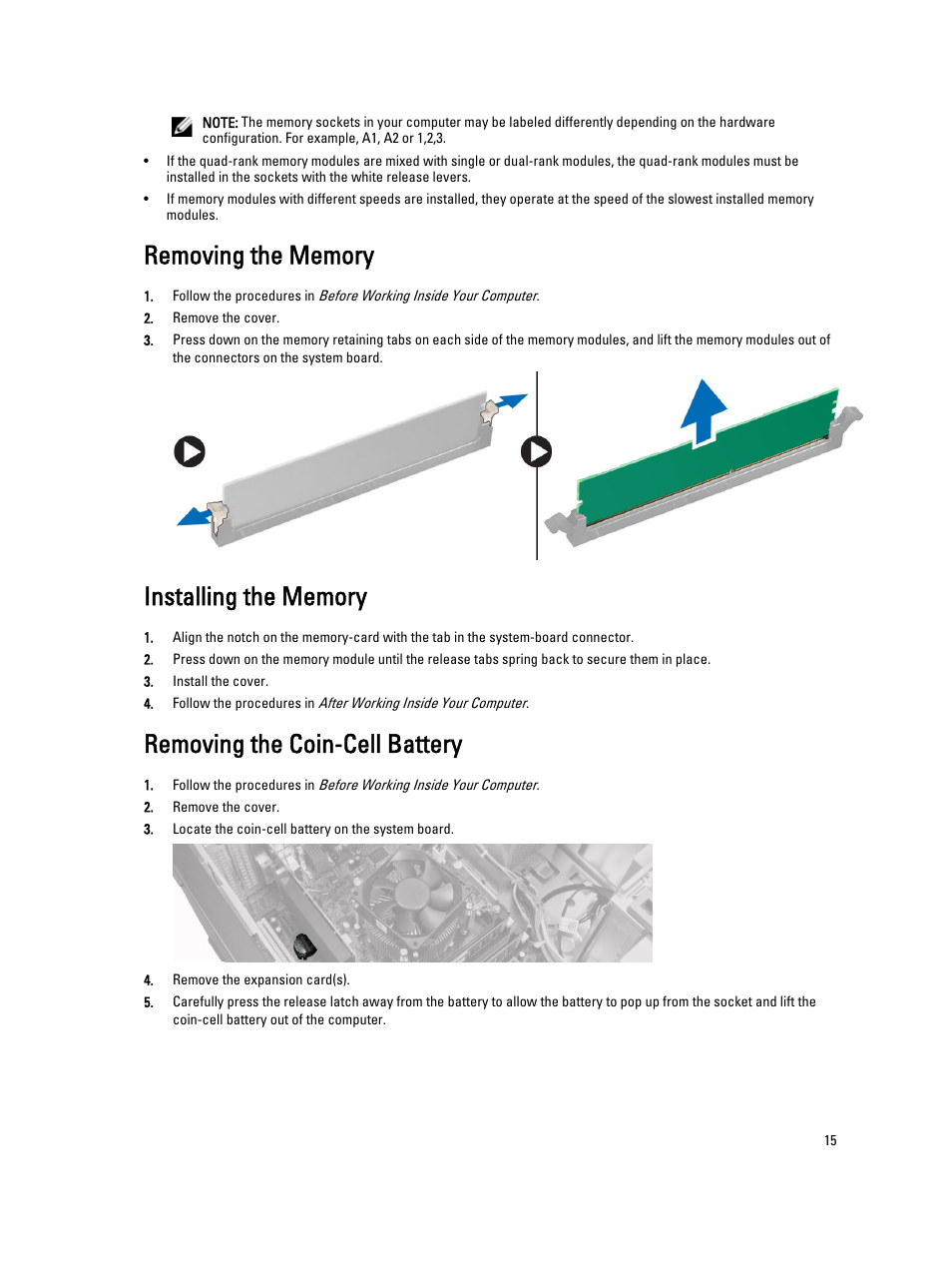 Removing the memory, Installing the memory, Removing the coin-cell battery | Dell OptiPlex 9010 (Mid 2012) User Manual | Page 15 / 62