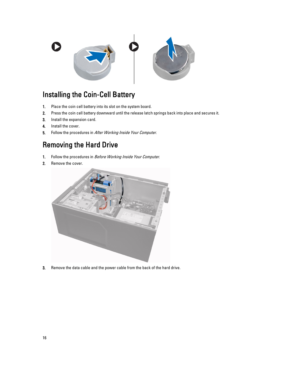 Installing the coin-cell battery, Removing the hard drive | Dell OptiPlex 9010 (Mid 2012) User Manual | Page 16 / 62