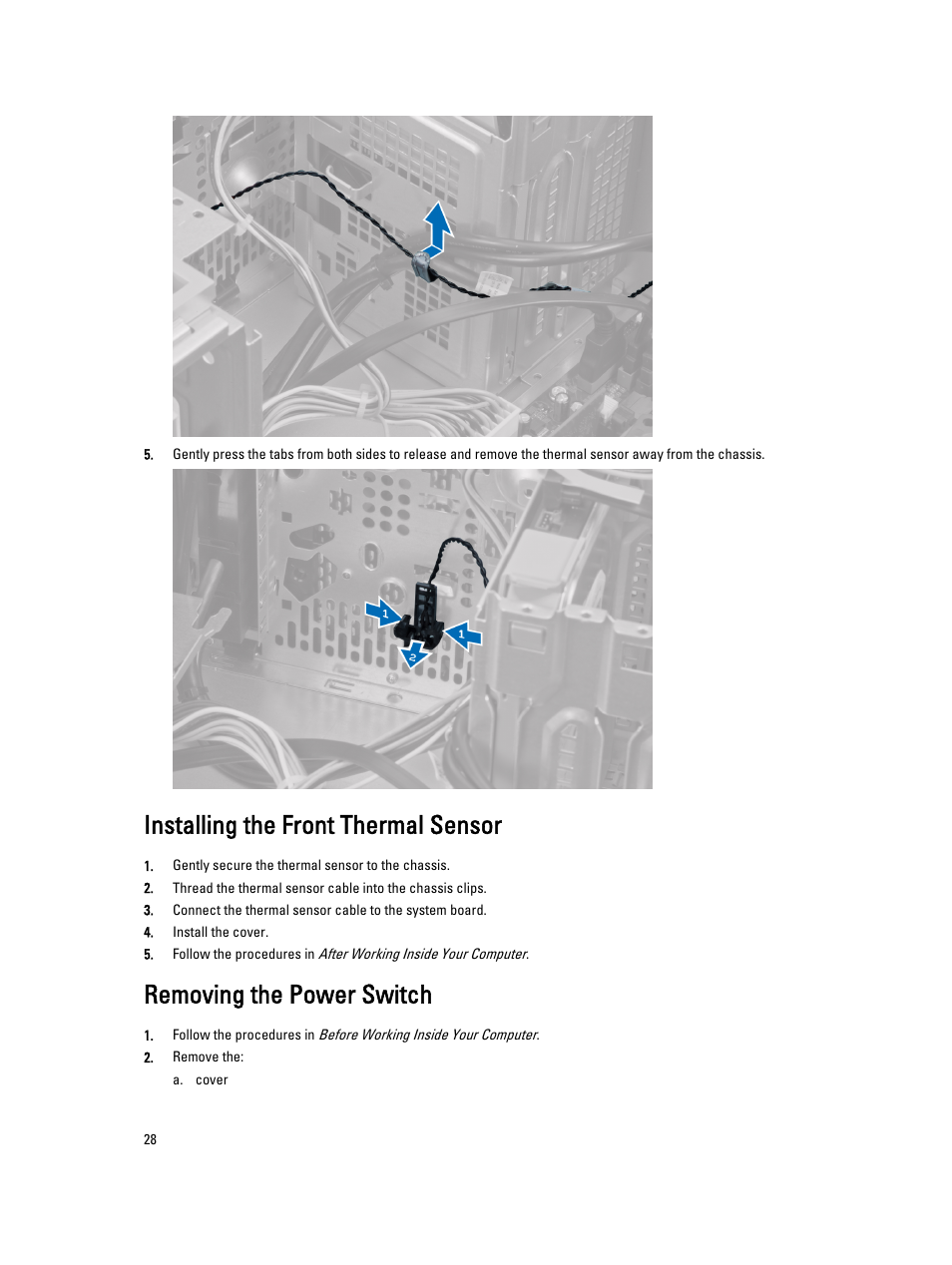 Installing the front thermal sensor, Removing the power switch | Dell OptiPlex 9010 (Mid 2012) User Manual | Page 28 / 62