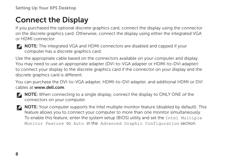 Connect the display | Dell XPS 8300 (Late 2010) User Manual | Page 10 / 76