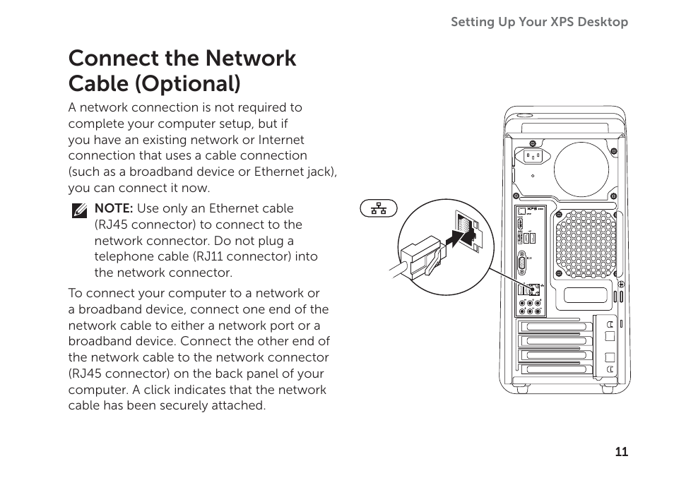 Connect the network cable (optional) | Dell XPS 8300 (Late 2010) User Manual | Page 13 / 76