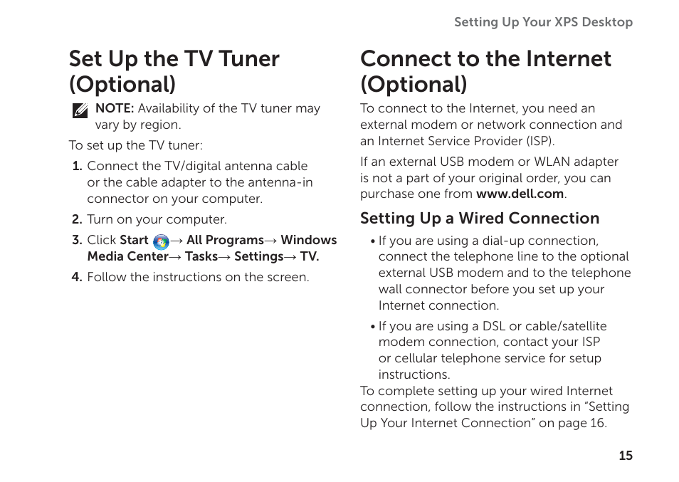 Set up the tv tuner (optional), Connect to the internet (optional) | Dell XPS 8300 (Late 2010) User Manual | Page 17 / 76