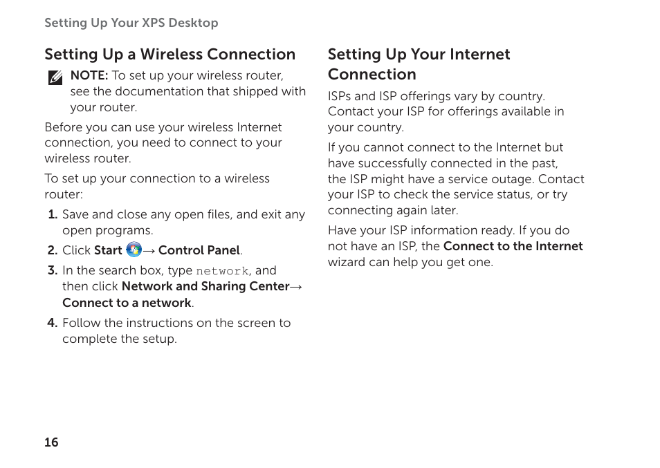 Setting up a wireless connection, Setting up your internet connection | Dell XPS 8300 (Late 2010) User Manual | Page 18 / 76